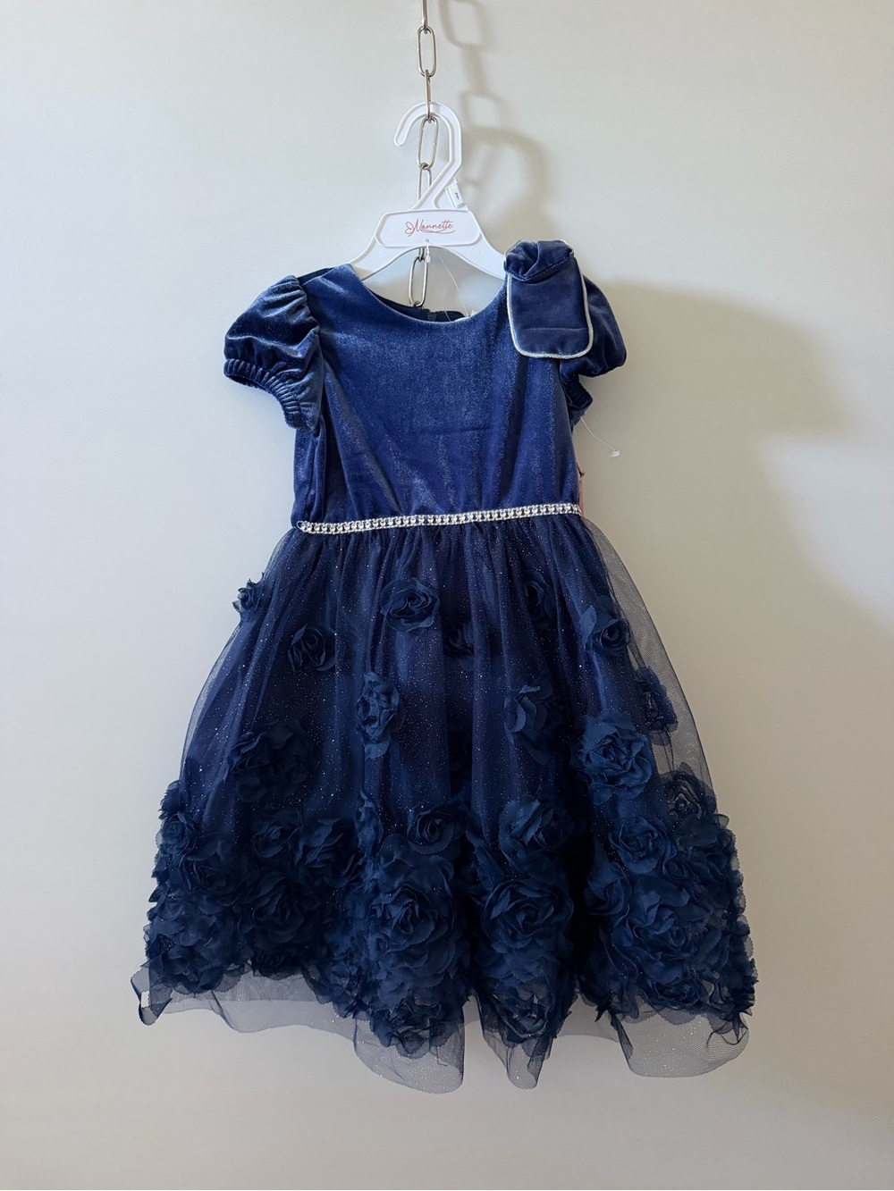 Nannette Navy Velvet & Floral Tulle Dress with Rhinestone Waist